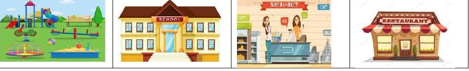 Fiche d'activité : quatre lieux (aire de jeux, école, supermarché, restaurant)
